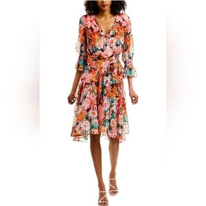 Tahari By ASL Vivid Pink/Orange Floral 3/4 Sleeve Faux Wrap Flowy Ruffled Dress